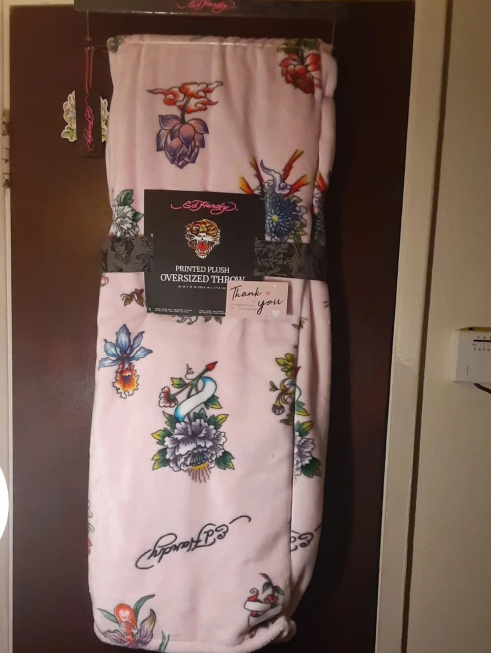 Ed Hardy Soft Pink Throw Blanket with colorful Floral Patterns